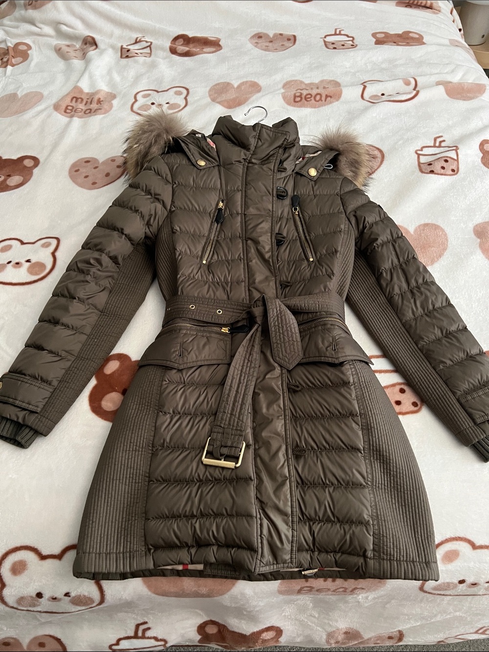 Burberry Olive-Brown Quilted Belted Puffer Coat with Fur-Trim Hood